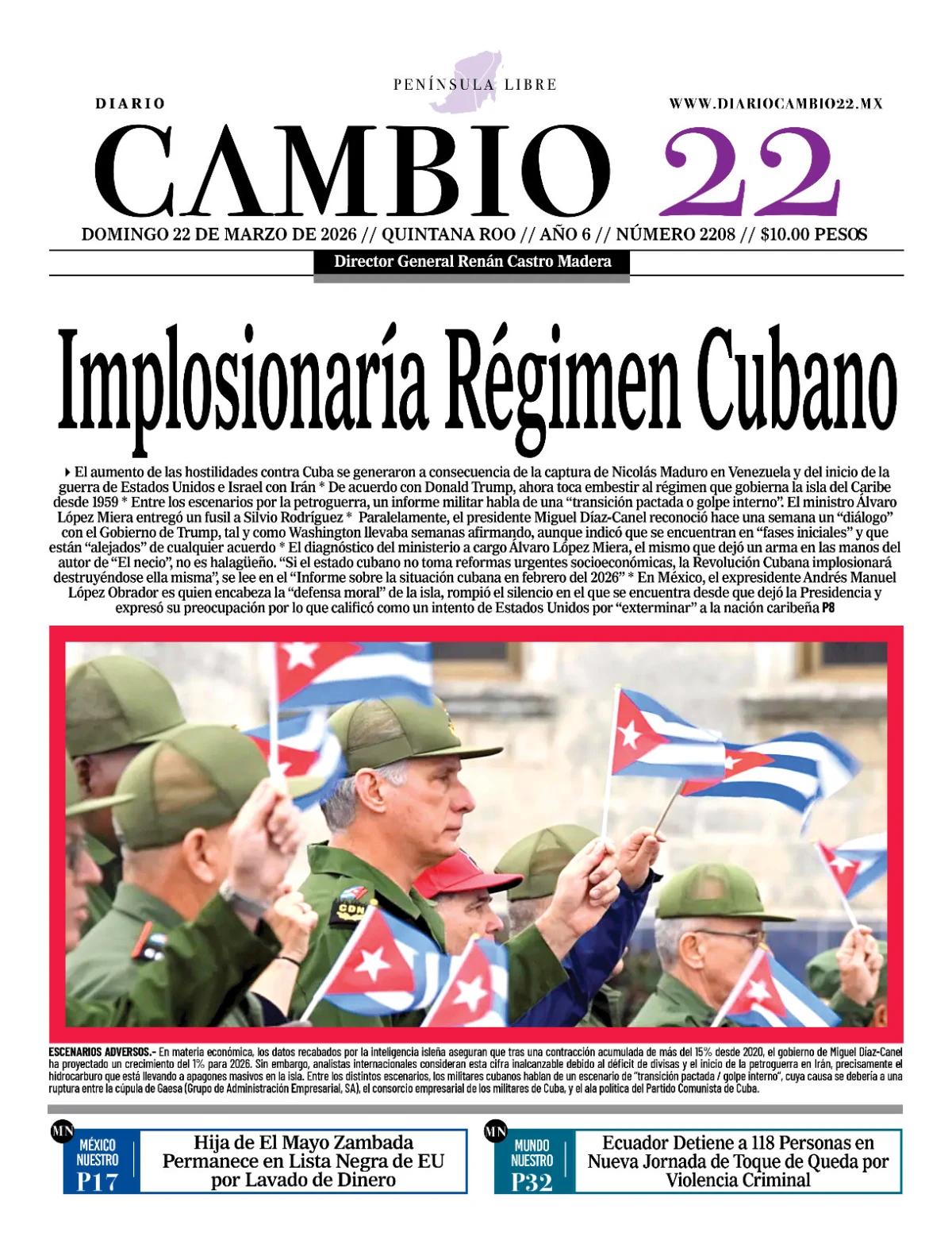 Portada de Diario Cambio 22 (contraportada) del domingo, 22 de marzo de 2026