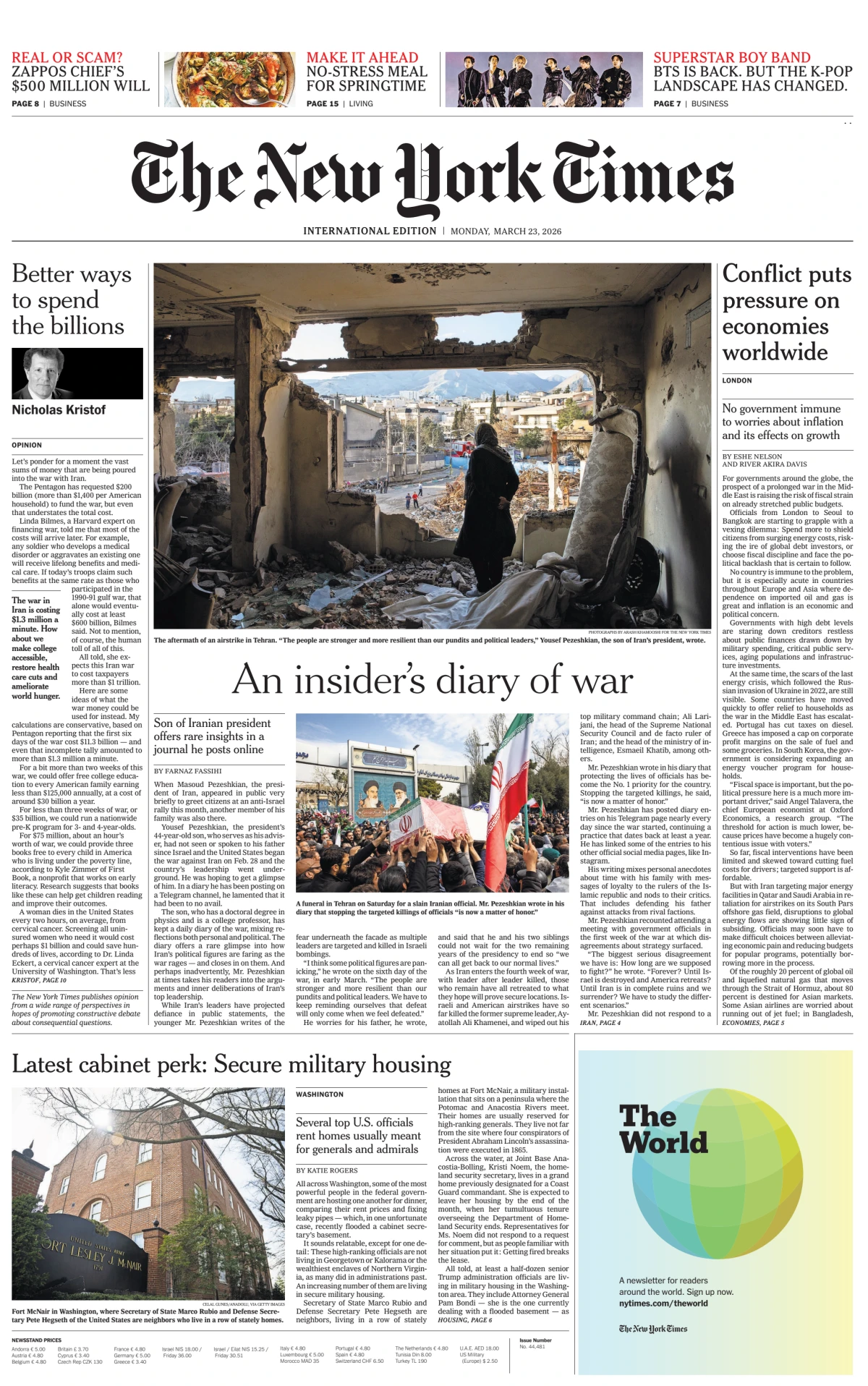 Portada de The New York Times (international) del lunes, 23 de marzo de 2026