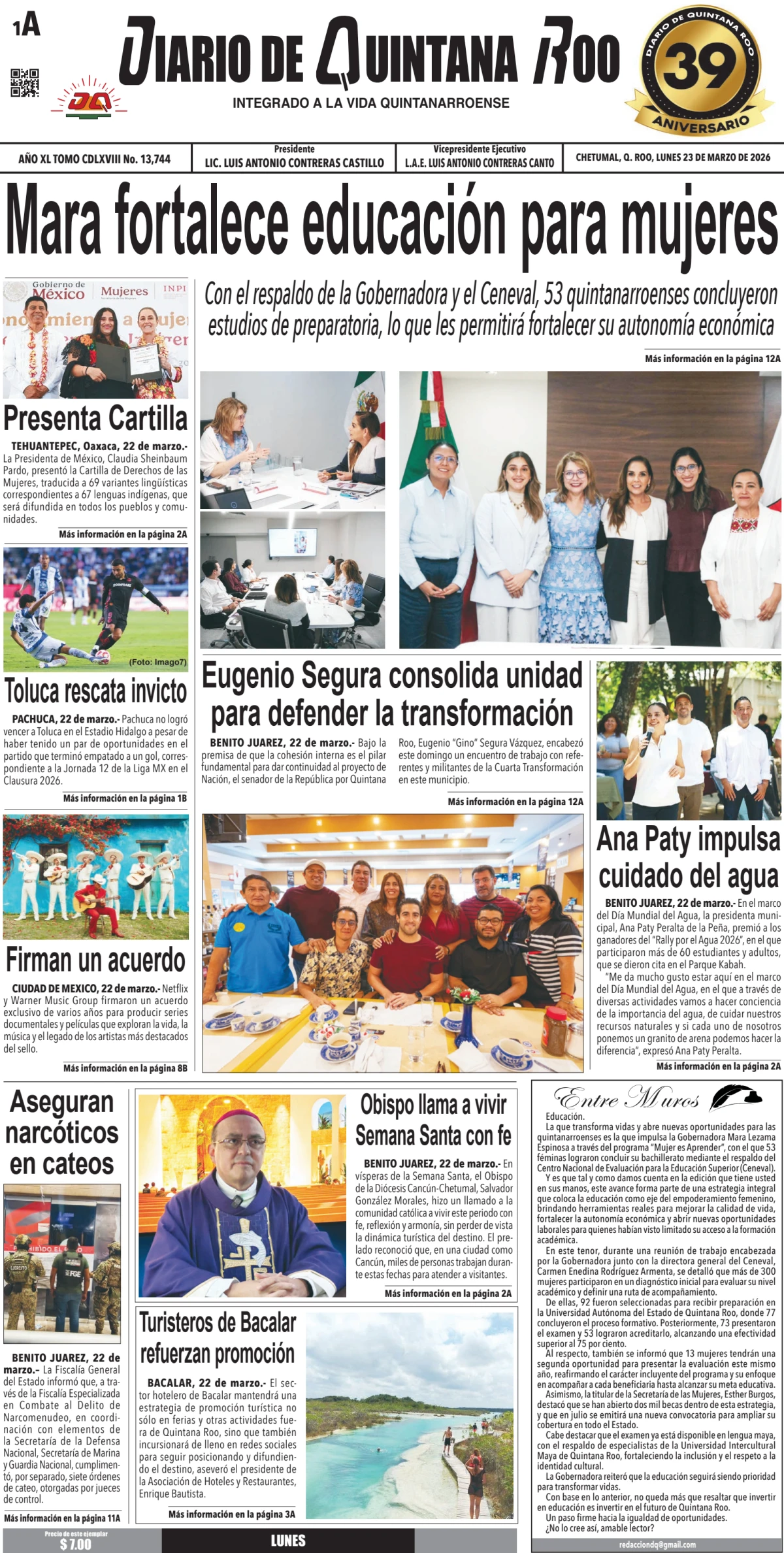 Portada de Diario de Quintana Roo (portada) del lunes, 23 de marzo de 2026