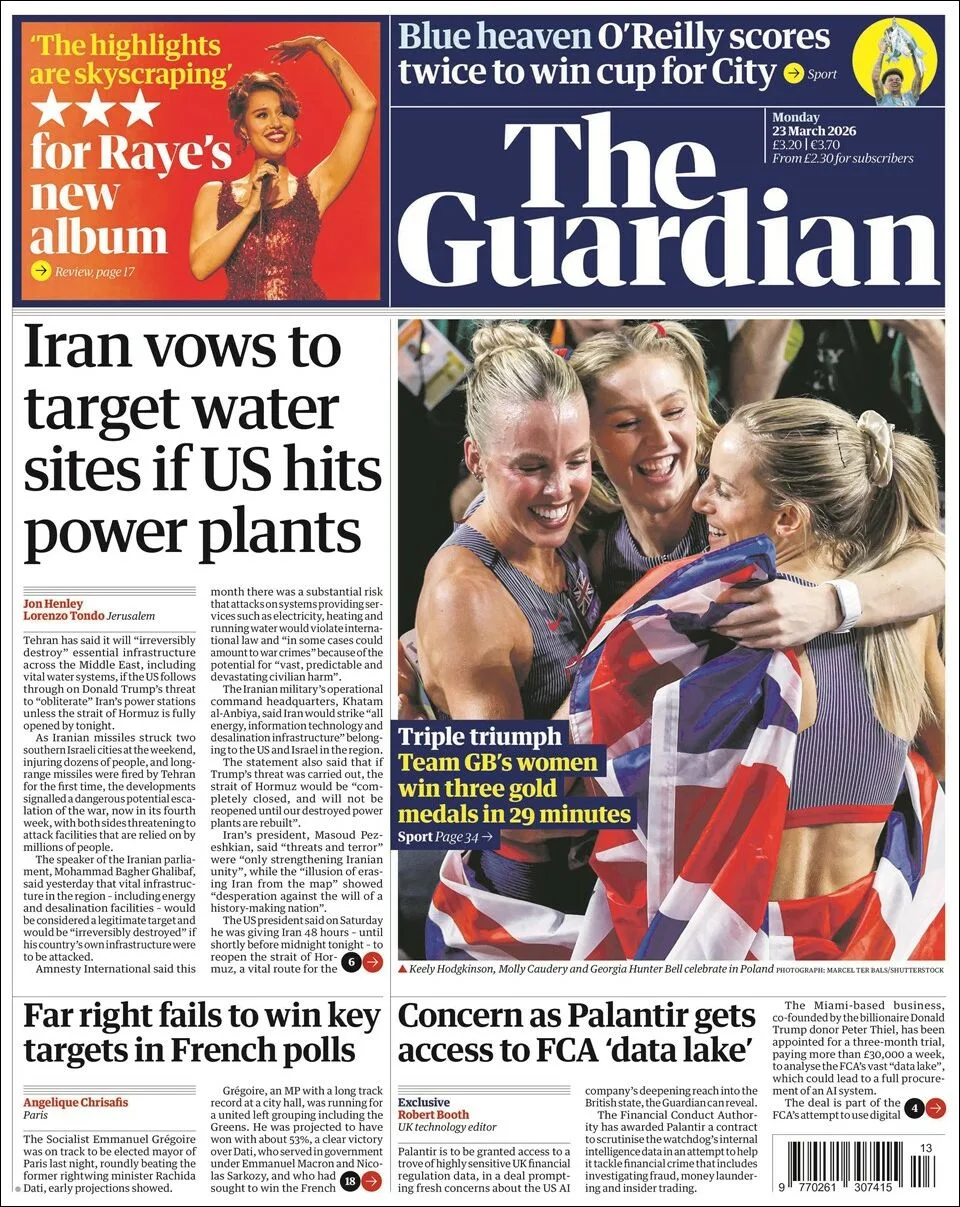 Portada de The Guardian (reino Unido) del lunes, 23 de marzo de 2026