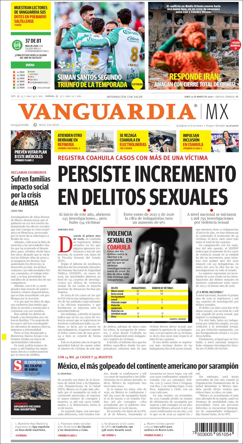 Portada de Vanguardia del lunes, 23 de marzo de 2026