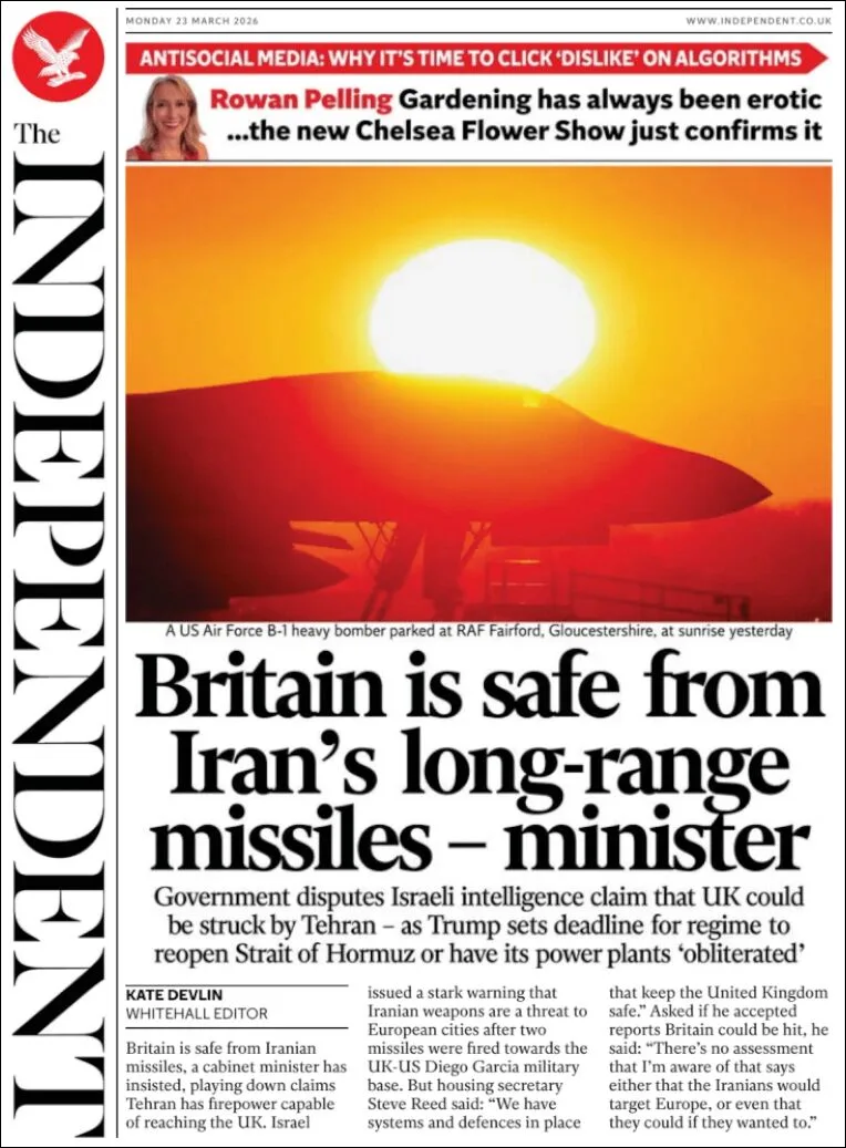 Portada de The Independent del lunes, 23 de marzo de 2026
