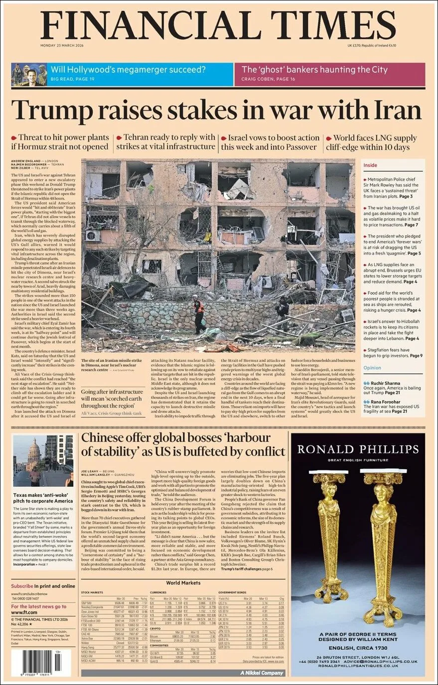 Portada de Financial Times del lunes, 23 de marzo de 2026