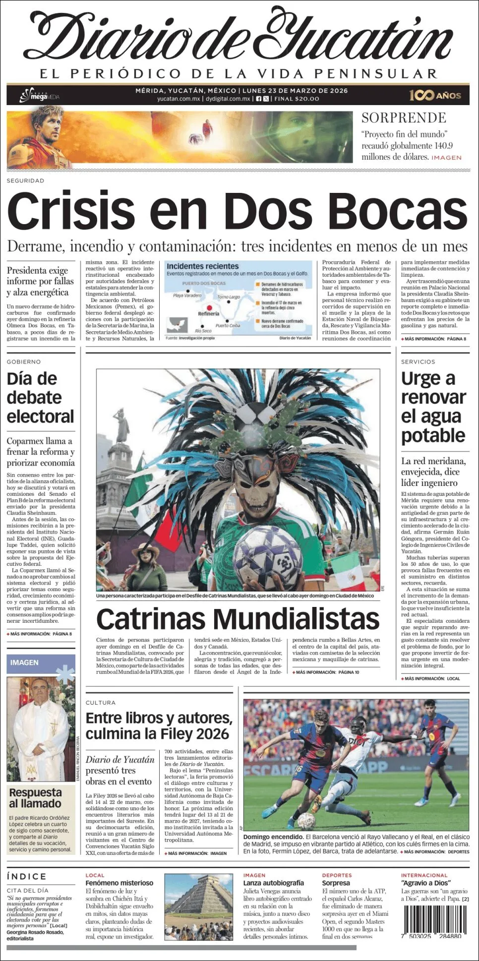 Portada de Diario de Yucatán del lunes, 23 de marzo de 2026
