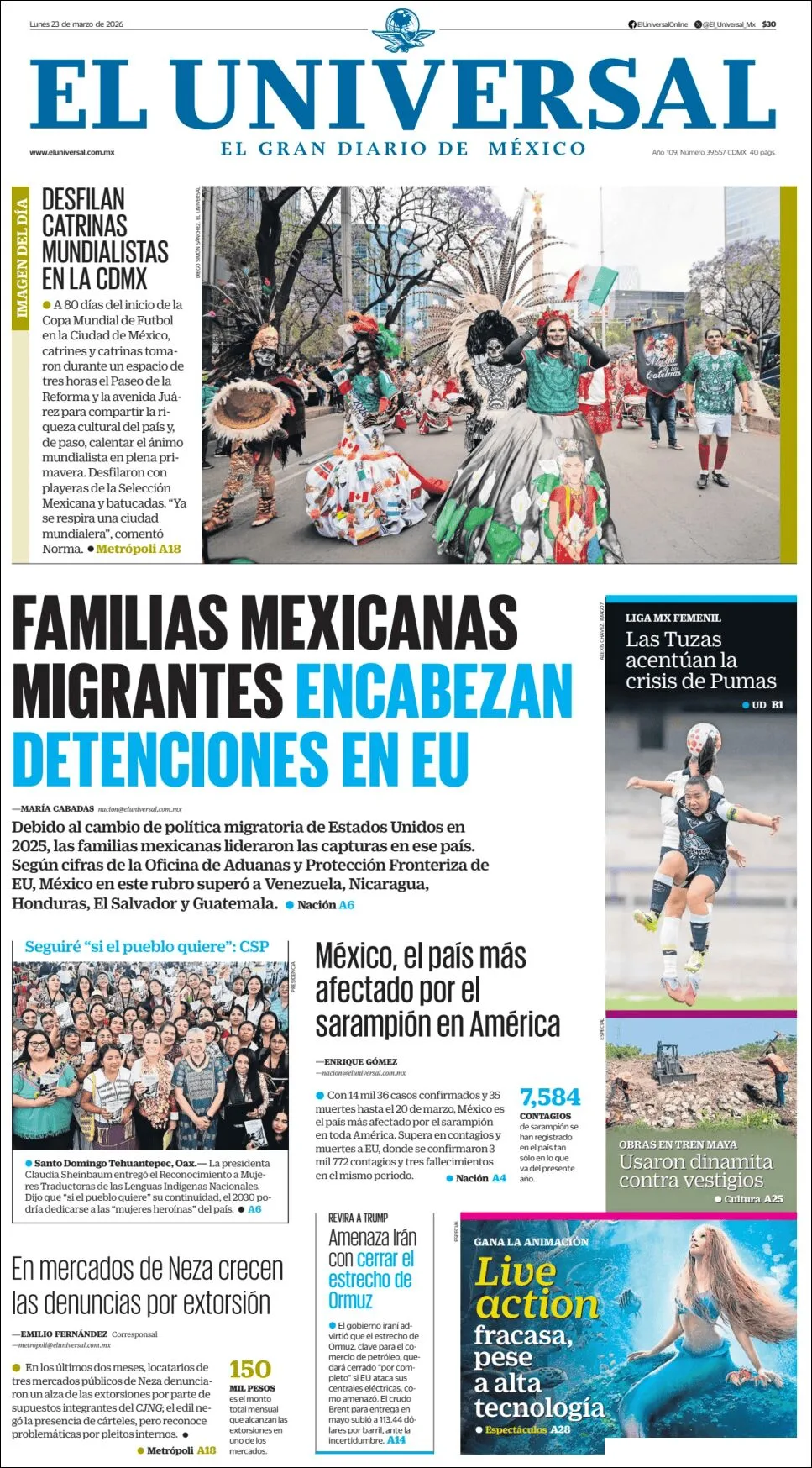 Portada de El Universal del lunes, 23 de marzo de 2026