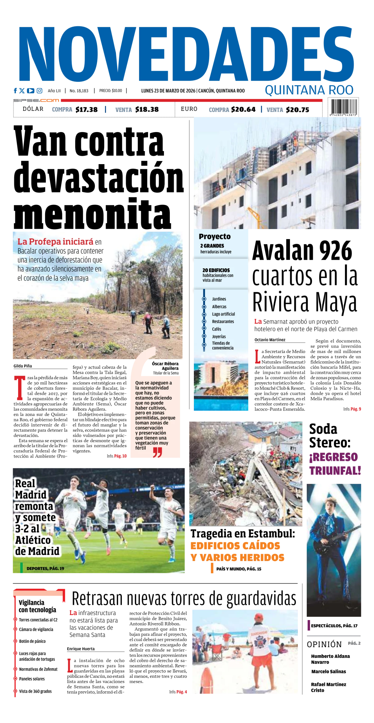 Portada de Novedades Quintana Roo del lunes, 23 de marzo de 2026