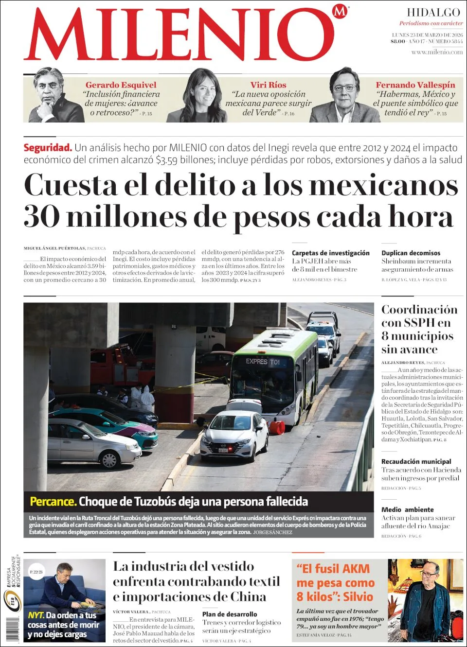 Portada de Milenio Hidalgo del lunes, 23 de marzo de 2026