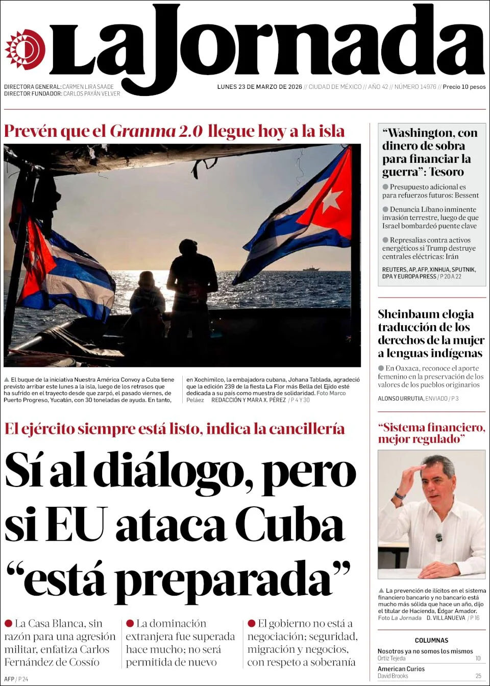 Portada de La Jornada del lunes, 23 de marzo de 2026