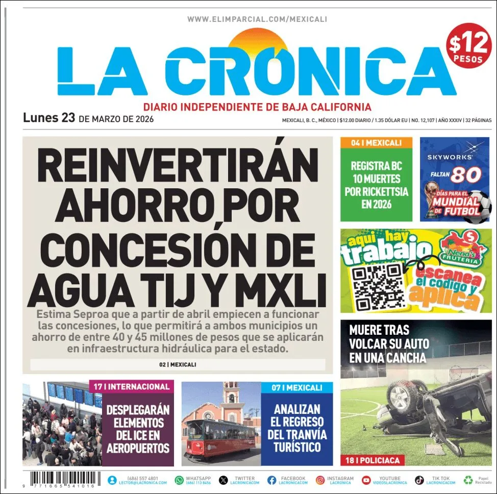 Portada de La Cronica del lunes, 23 de marzo de 2026