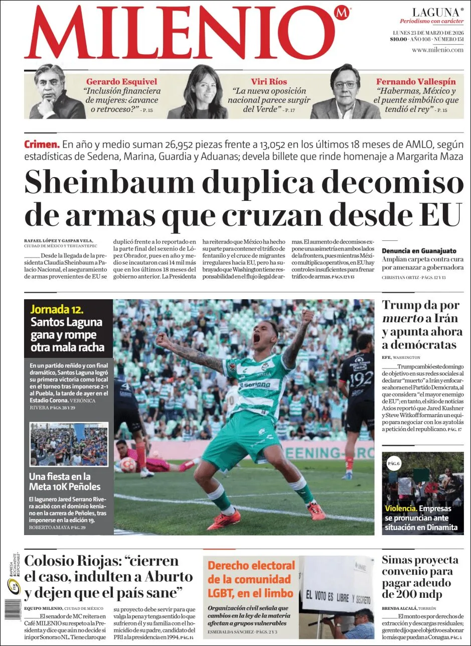 Portada de Milenio Laguna del lunes, 23 de marzo de 2026