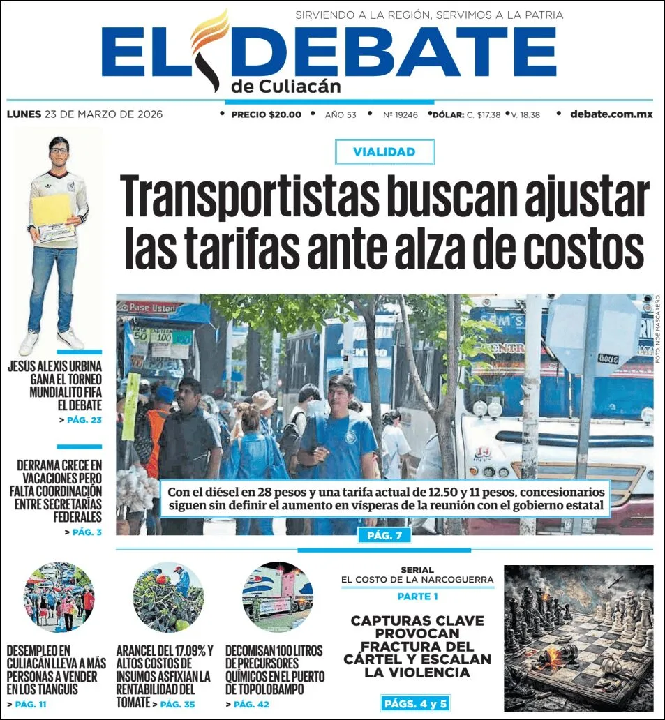 Portada de El Debate de Culiacan del lunes, 23 de marzo de 2026