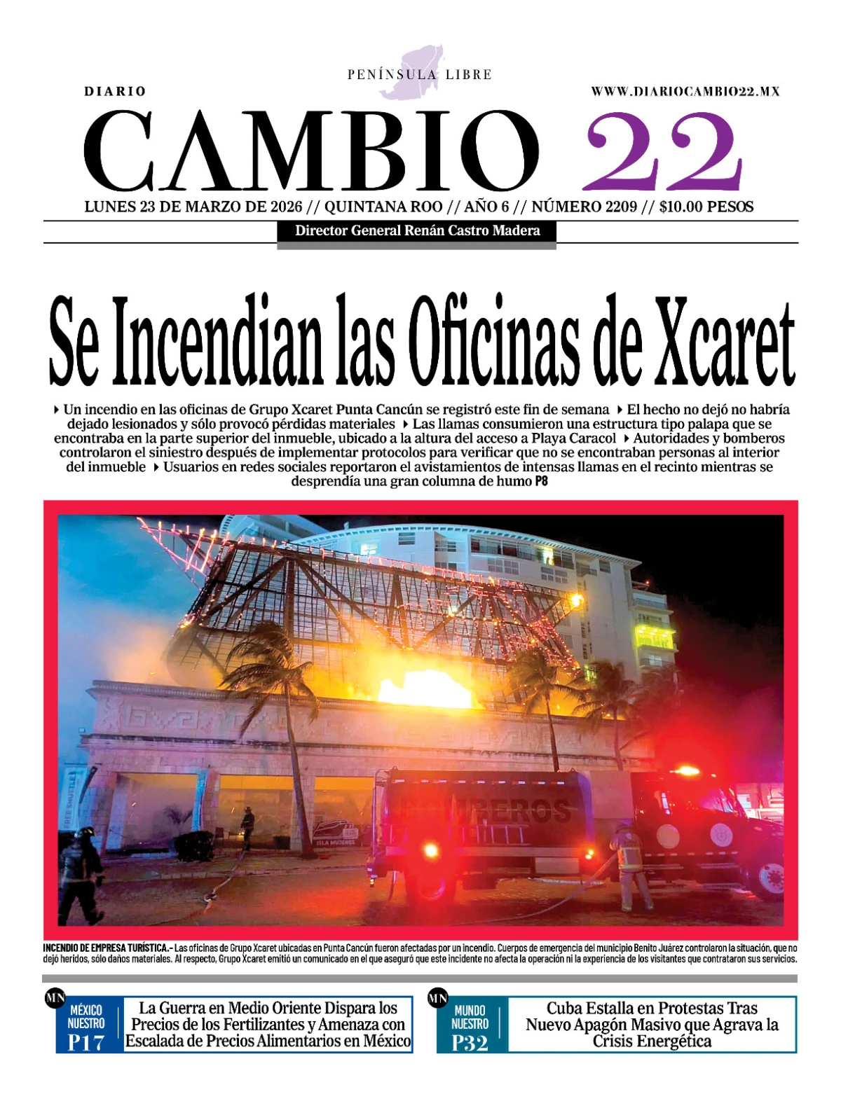 Portada de Diario Cambio 22 (contraportada) del lunes, 23 de marzo de 2026