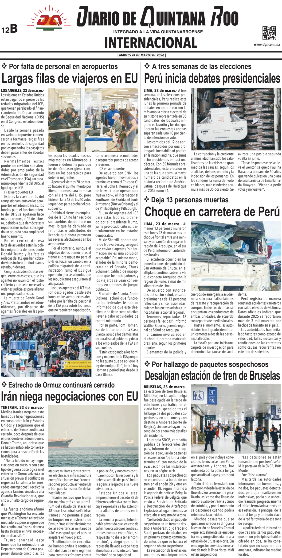 Portada de Diario de Quintana Roo (contra Portada) del martes, 24 de marzo de 2026