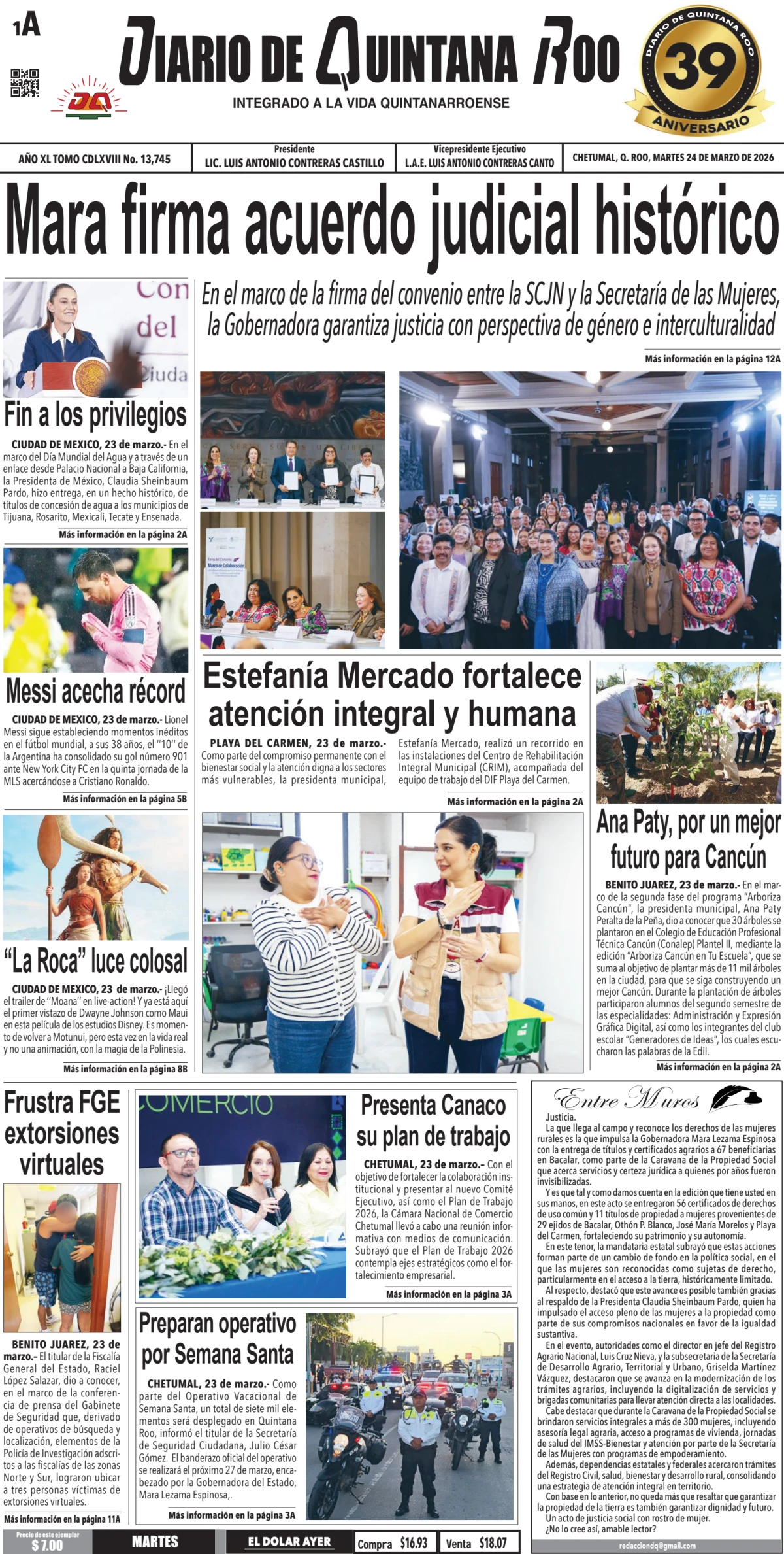 Portada de Diario de Quintana Roo (portada) del martes, 24 de marzo de 2026