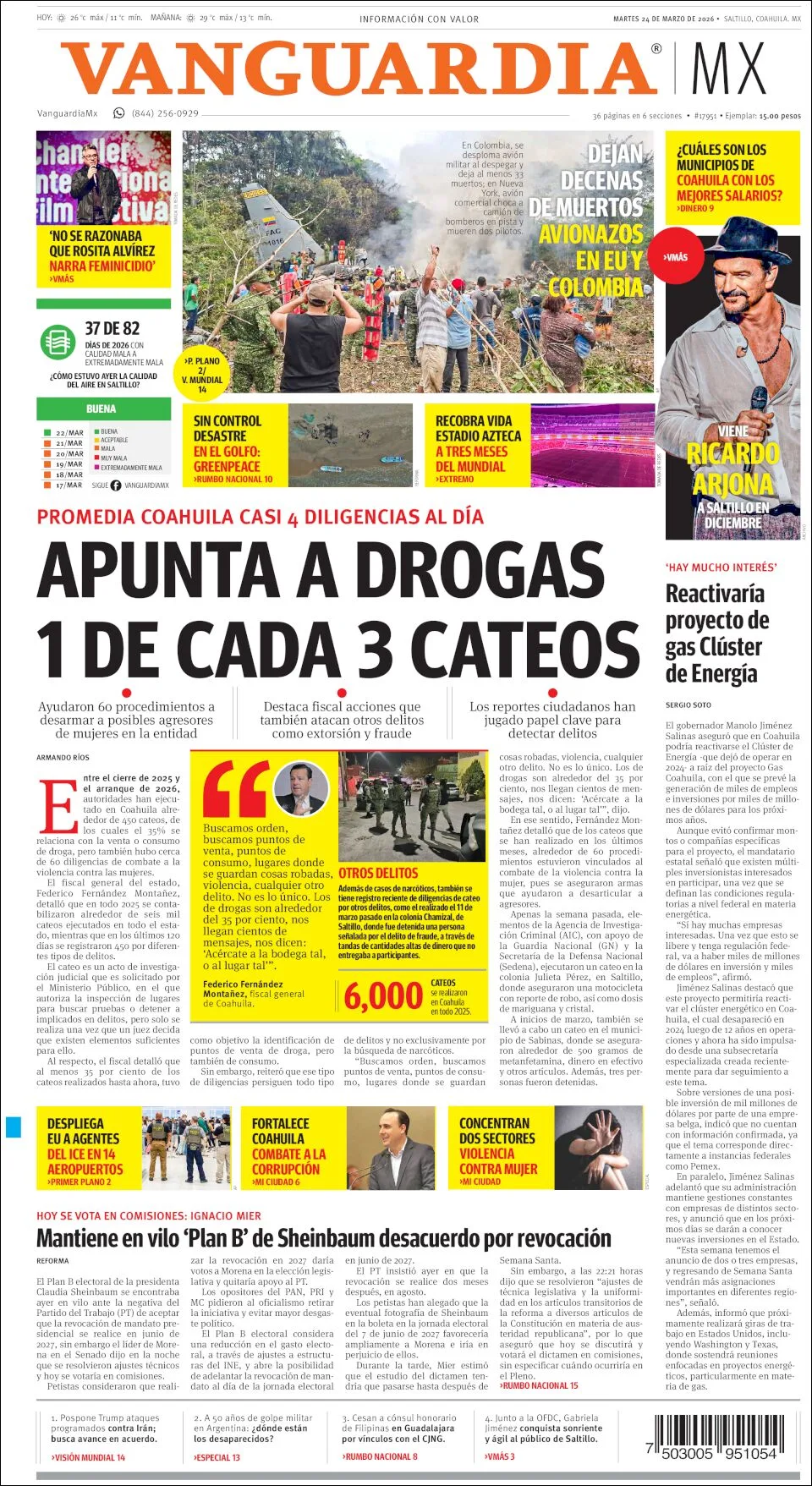 Portada de Vanguardia del martes, 24 de marzo de 2026