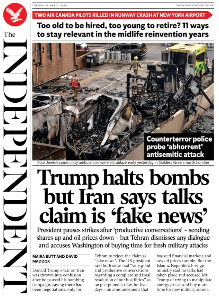 Portada de The Independent del martes, 24 de marzo de 2026
