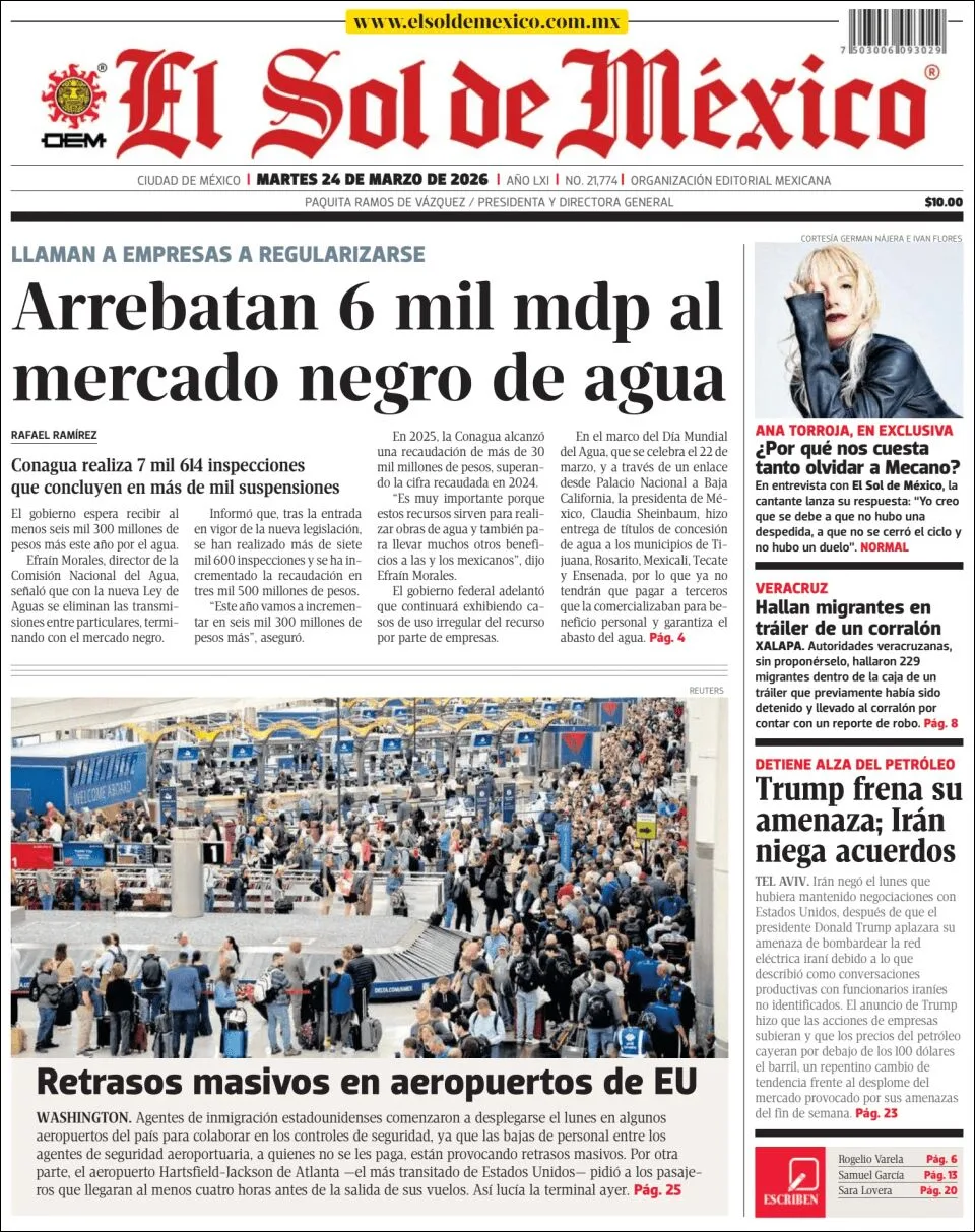 Portada de El Sol de Mexico del martes, 24 de marzo de 2026