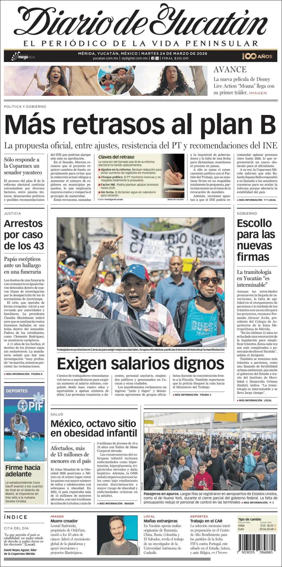 Portada de Diario de Yucatán del martes, 24 de marzo de 2026