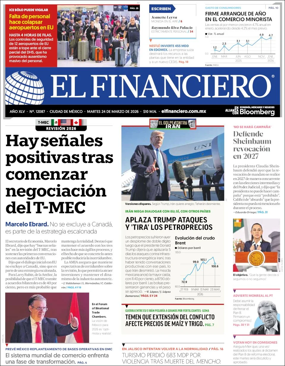 Portada de El Financiero del martes, 24 de marzo de 2026