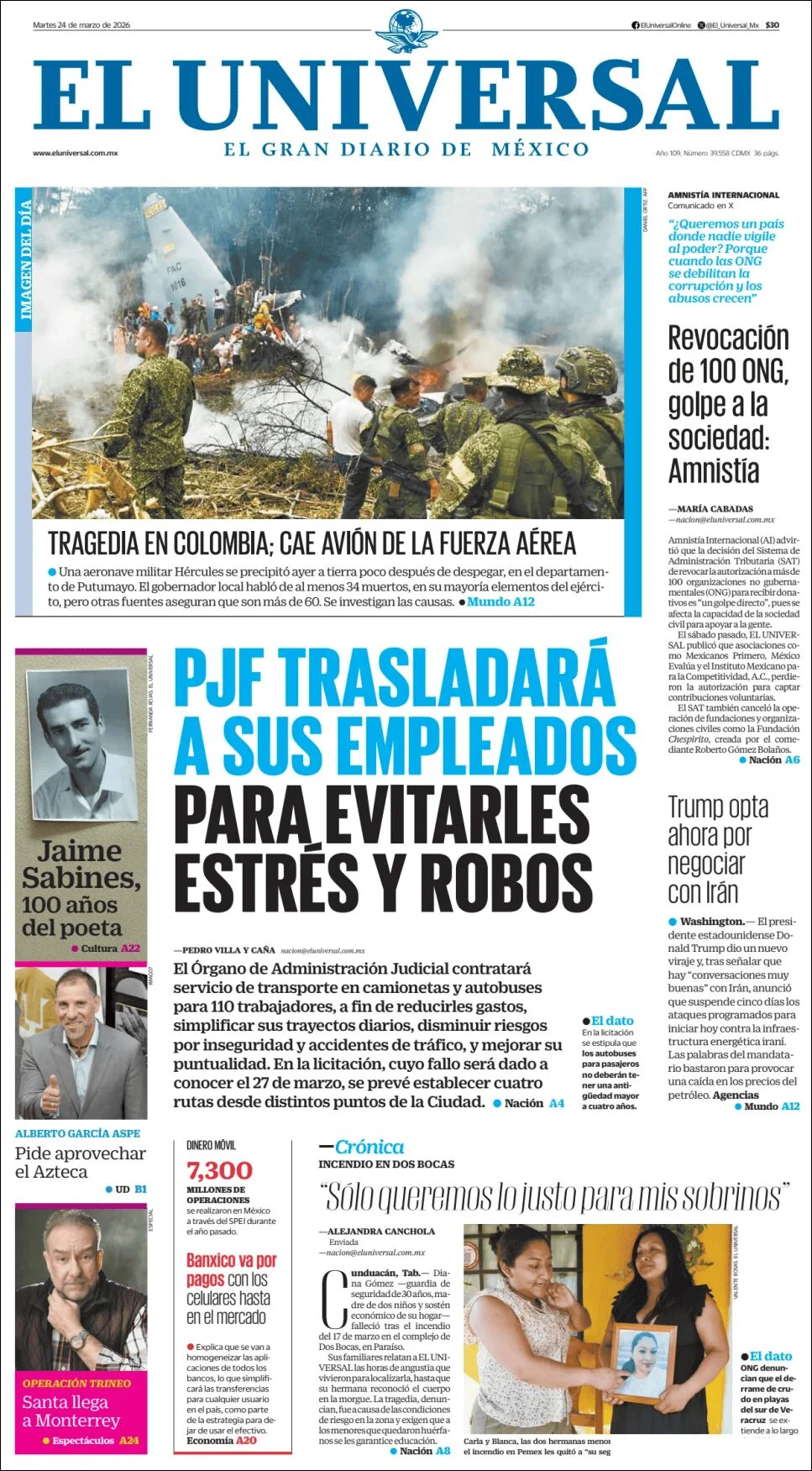 Portada de El Universal del martes, 24 de marzo de 2026