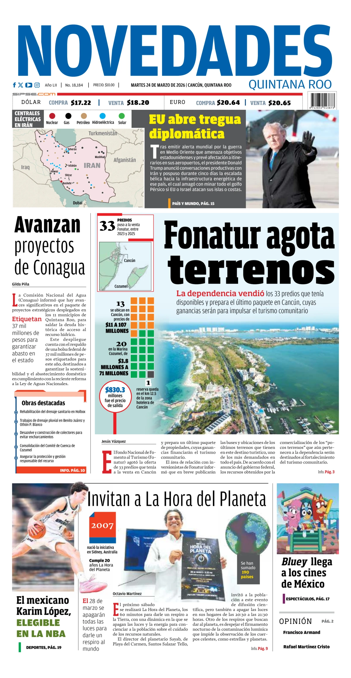 Portada de Novedades Quintana Roo del martes, 24 de marzo de 2026
