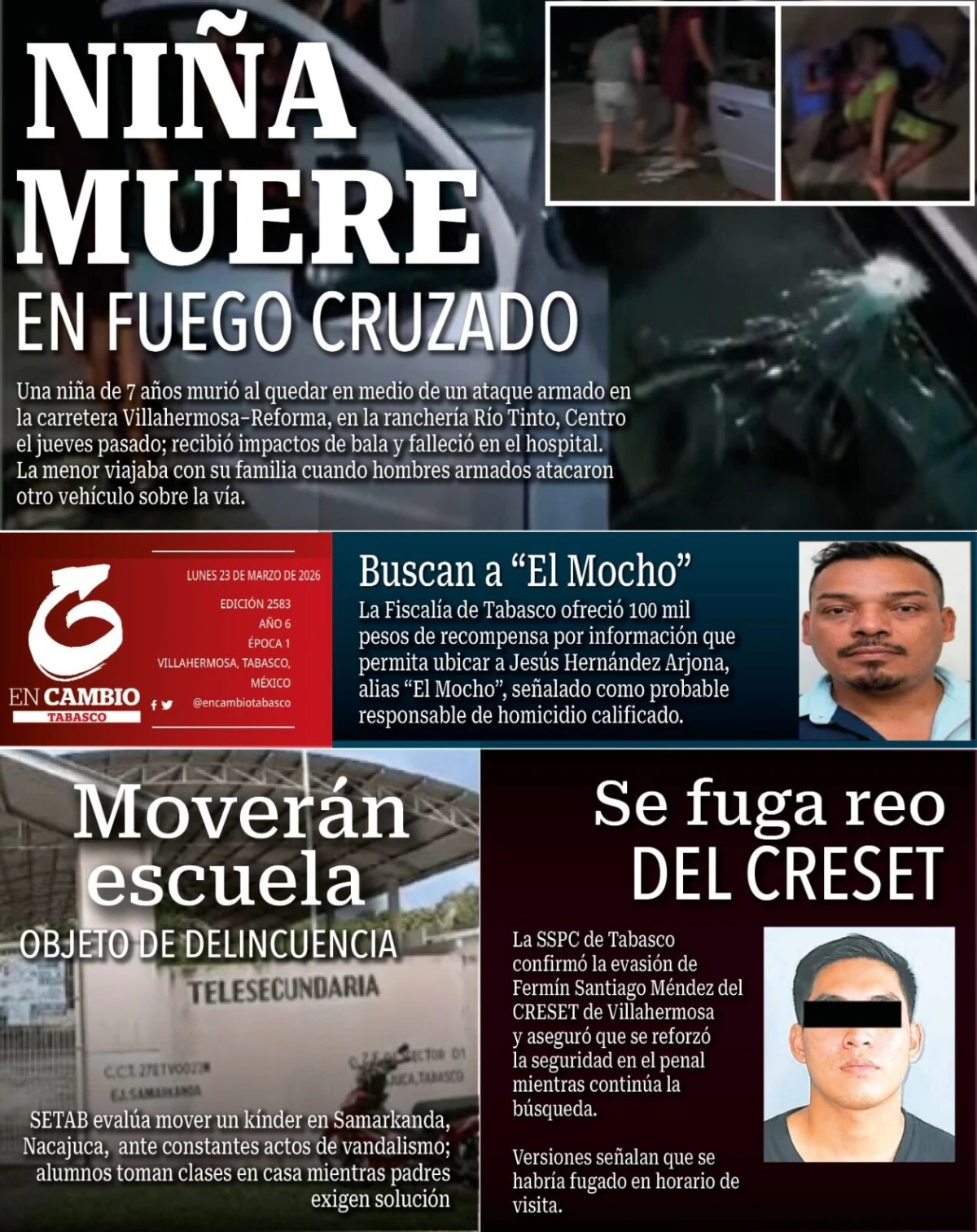 Portada de En Cambio - Tabasco (portada) del lunes, 23 de marzo de 2026