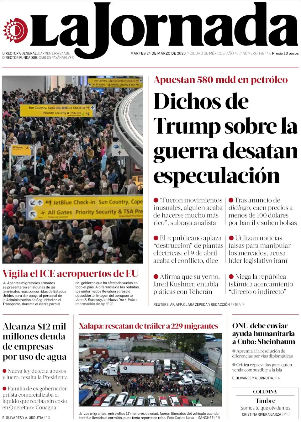 Portada de La Jornada del martes, 24 de marzo de 2026