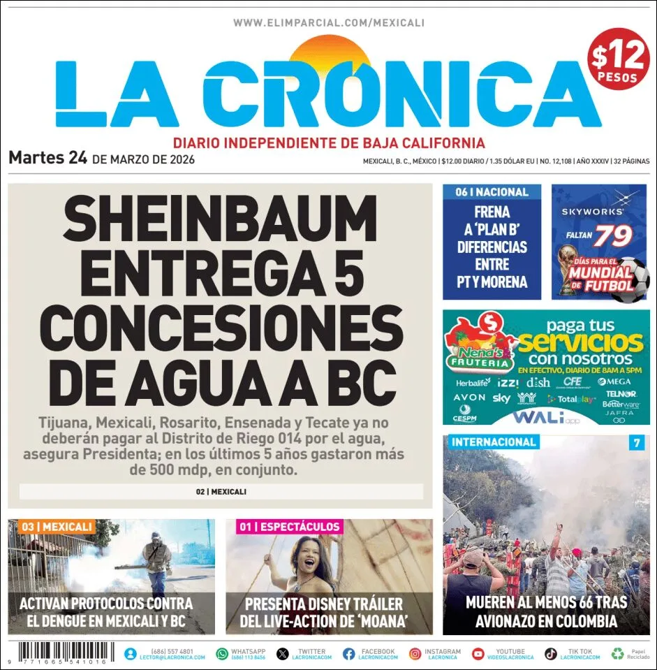 Portada de La Cronica del martes, 24 de marzo de 2026