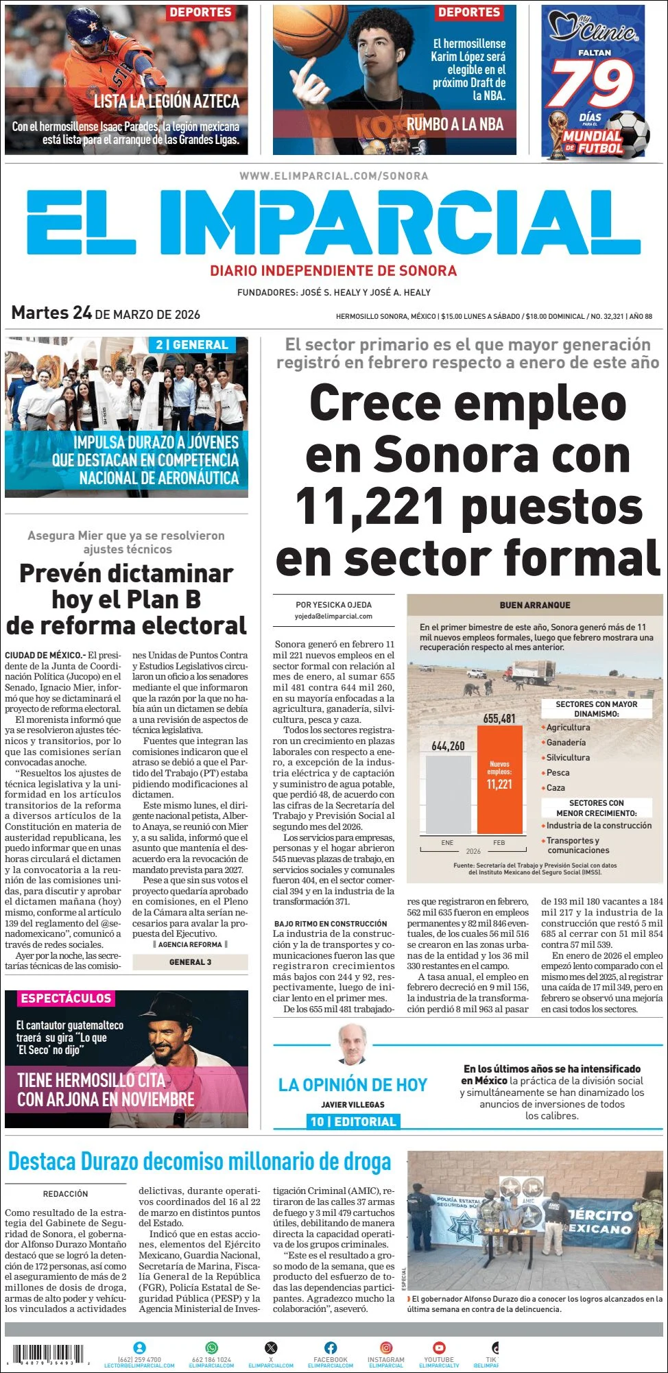 Portada de El Imparcial del martes, 24 de marzo de 2026