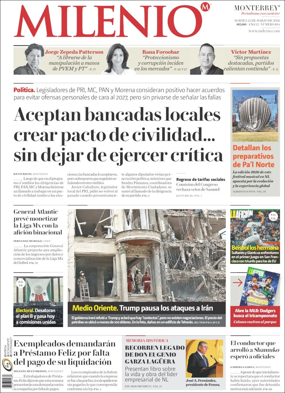 Portada de Milenio del martes, 24 de marzo de 2026