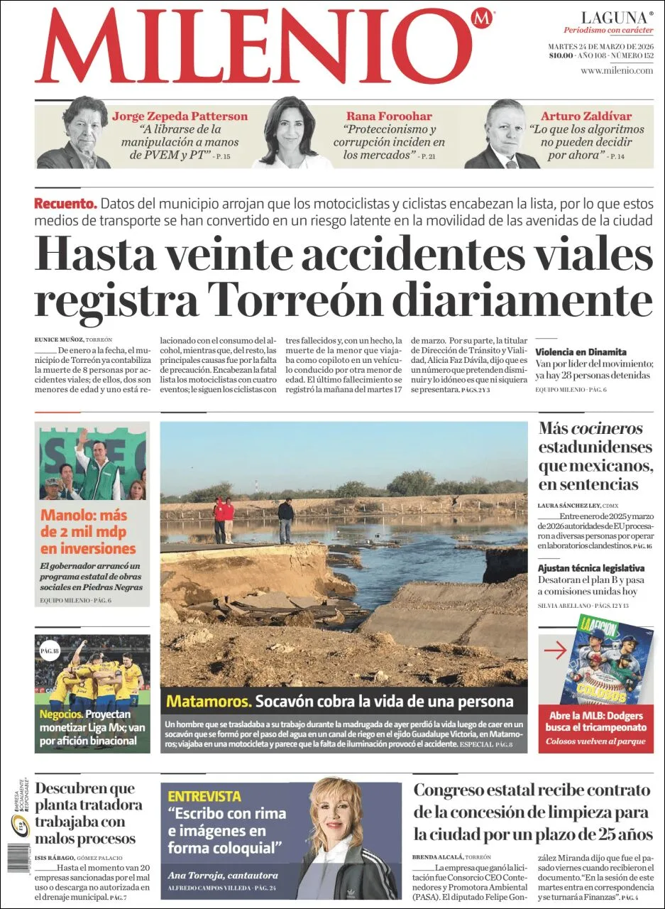 Portada de Milenio Laguna del martes, 24 de marzo de 2026