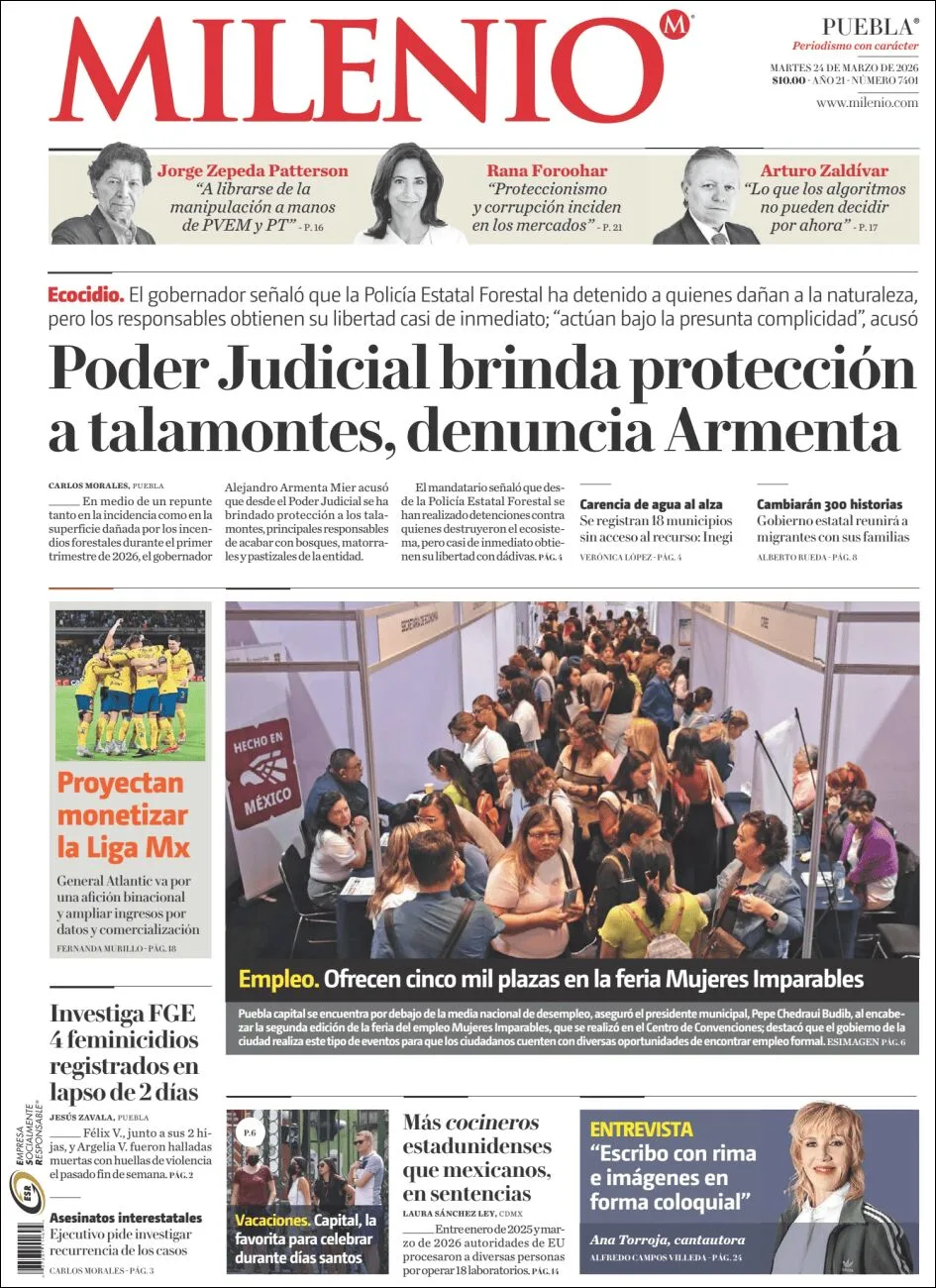 Portada de Milenio Puebla del martes, 24 de marzo de 2026