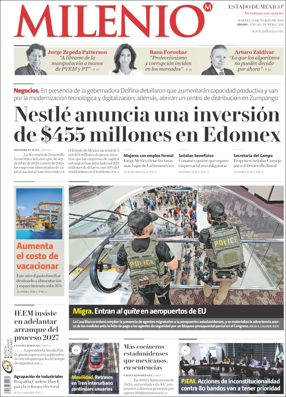 Portada de Milenio Edo de Mexico del martes, 24 de marzo de 2026