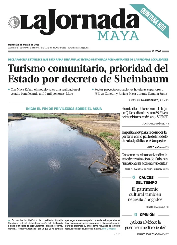 Portada de La Jornada Maya Quintana Roo del martes, 24 de marzo de 2026