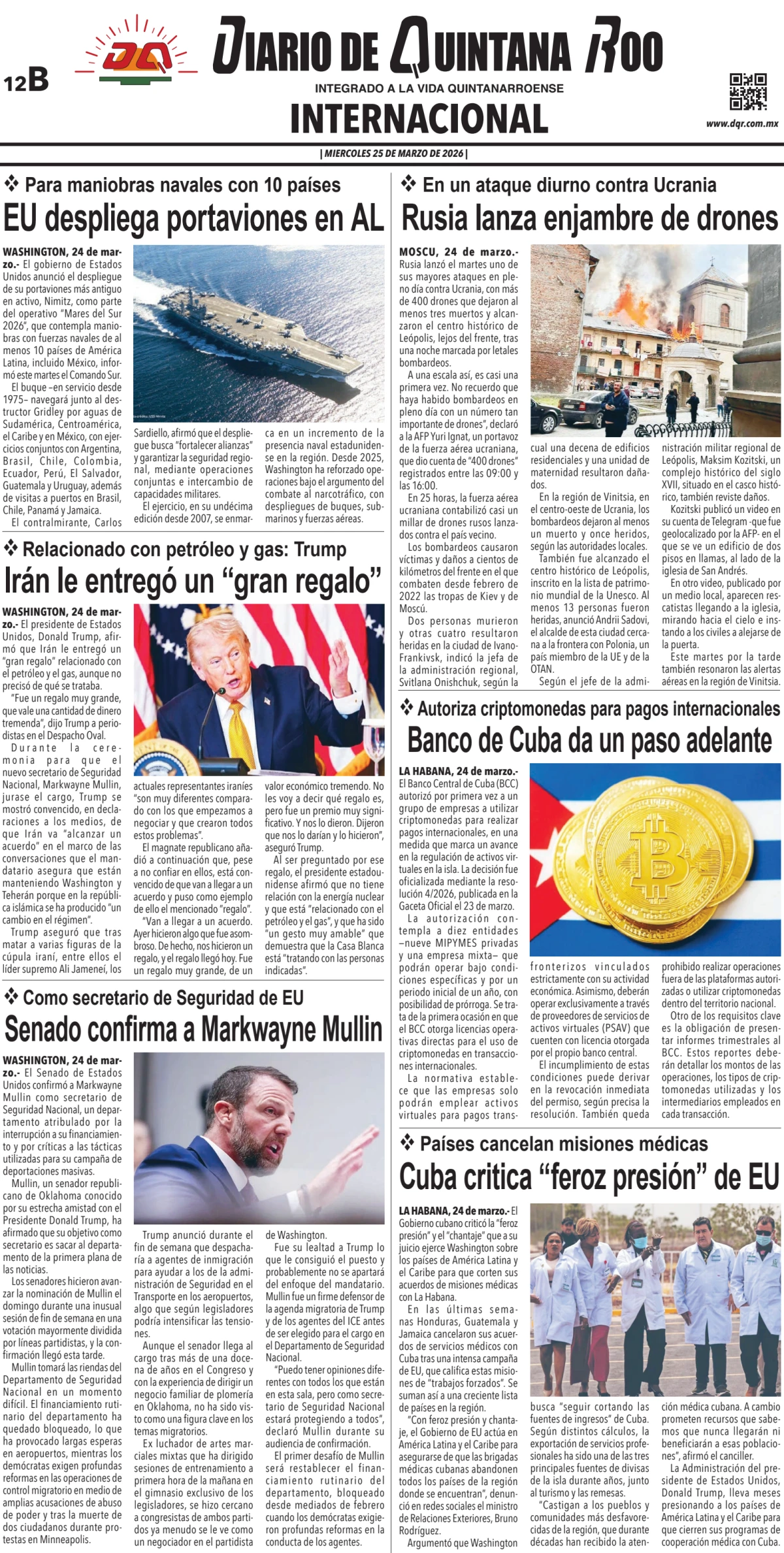Portada de Diario de Quintana Roo (contra Portada) del miércoles, 25 de marzo de 2026
