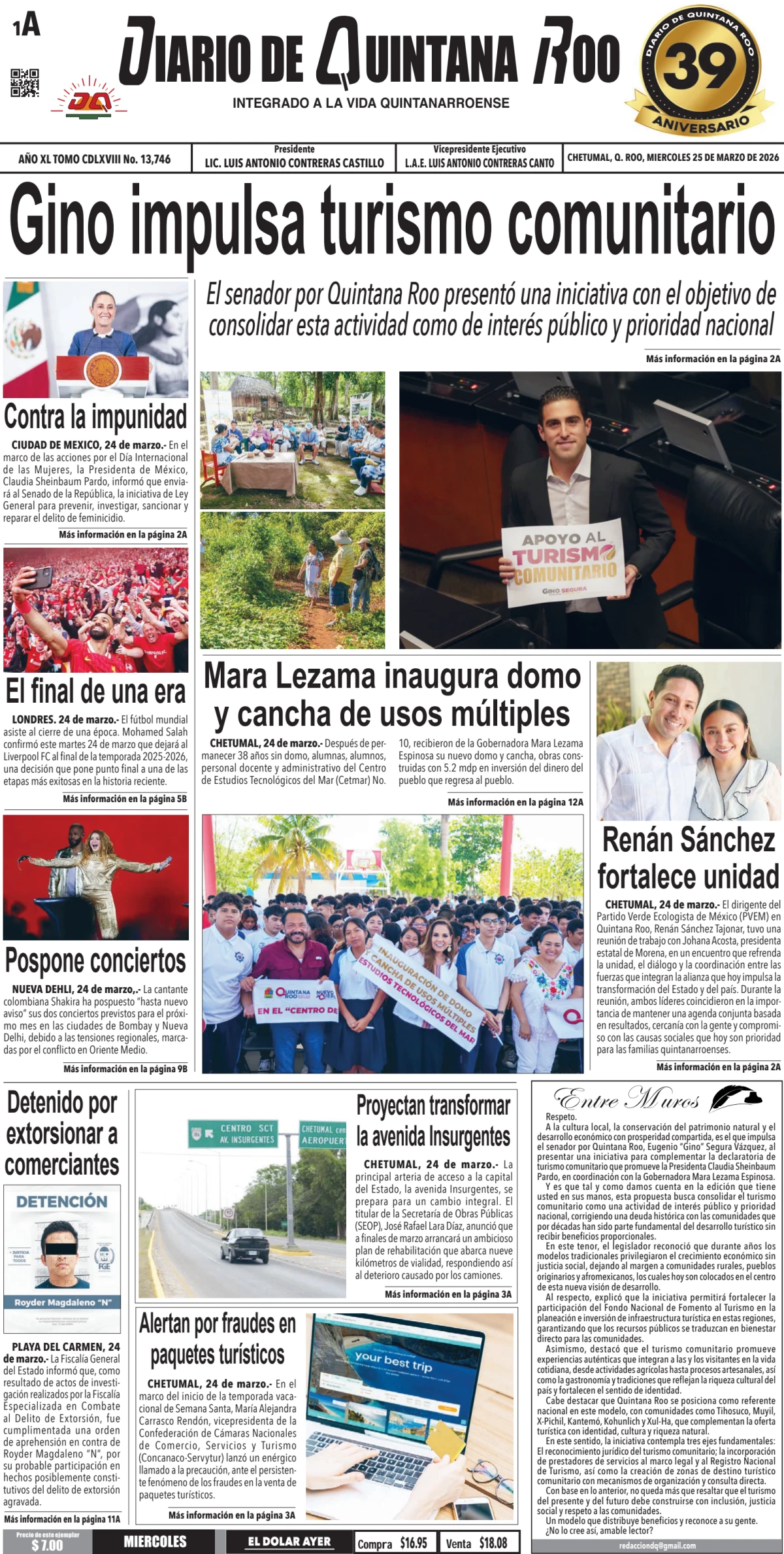 Portada de Diario de Quintana Roo (portada) del miércoles, 25 de marzo de 2026