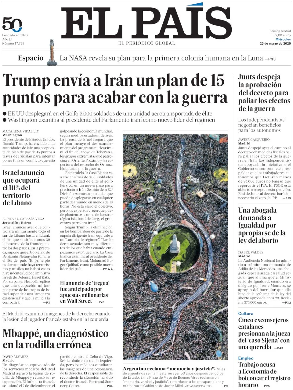 Portada de El Pais del miércoles, 25 de marzo de 2026