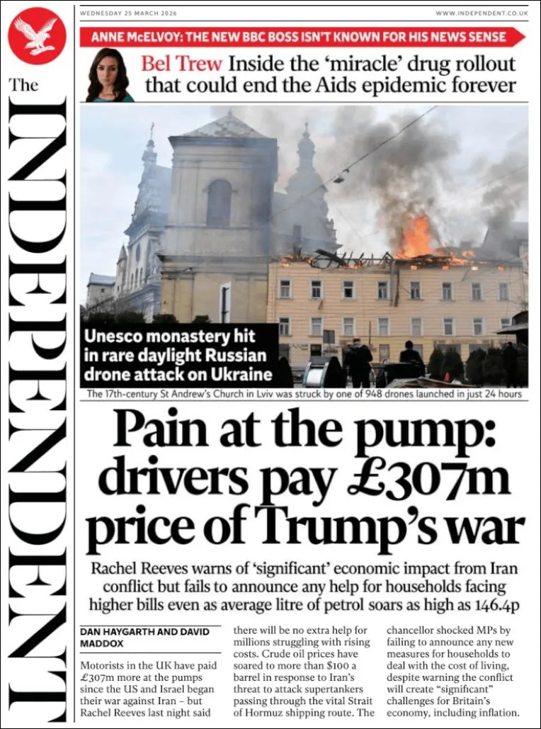 Portada de The Independent del miércoles, 25 de marzo de 2026