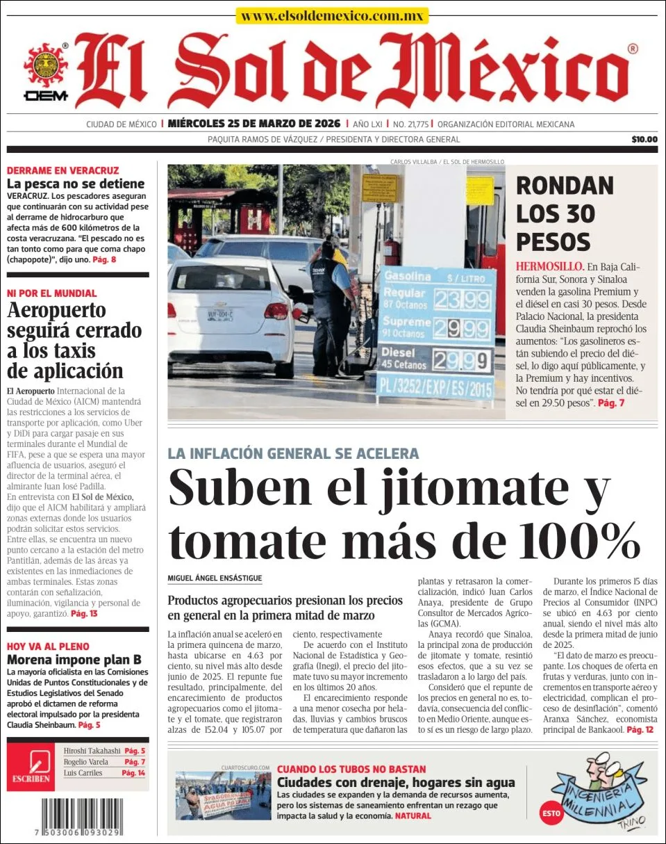 Portada de El Sol de Mexico del miércoles, 25 de marzo de 2026
