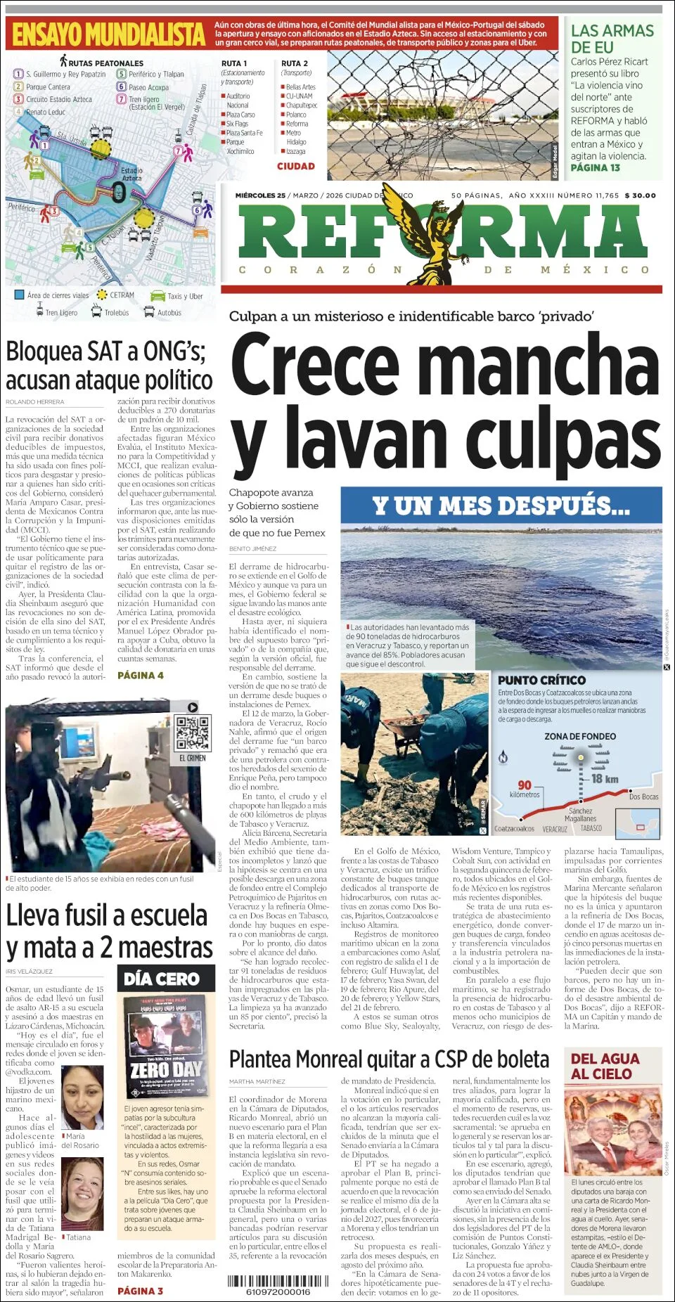Portada de Reforma del miércoles, 25 de marzo de 2026