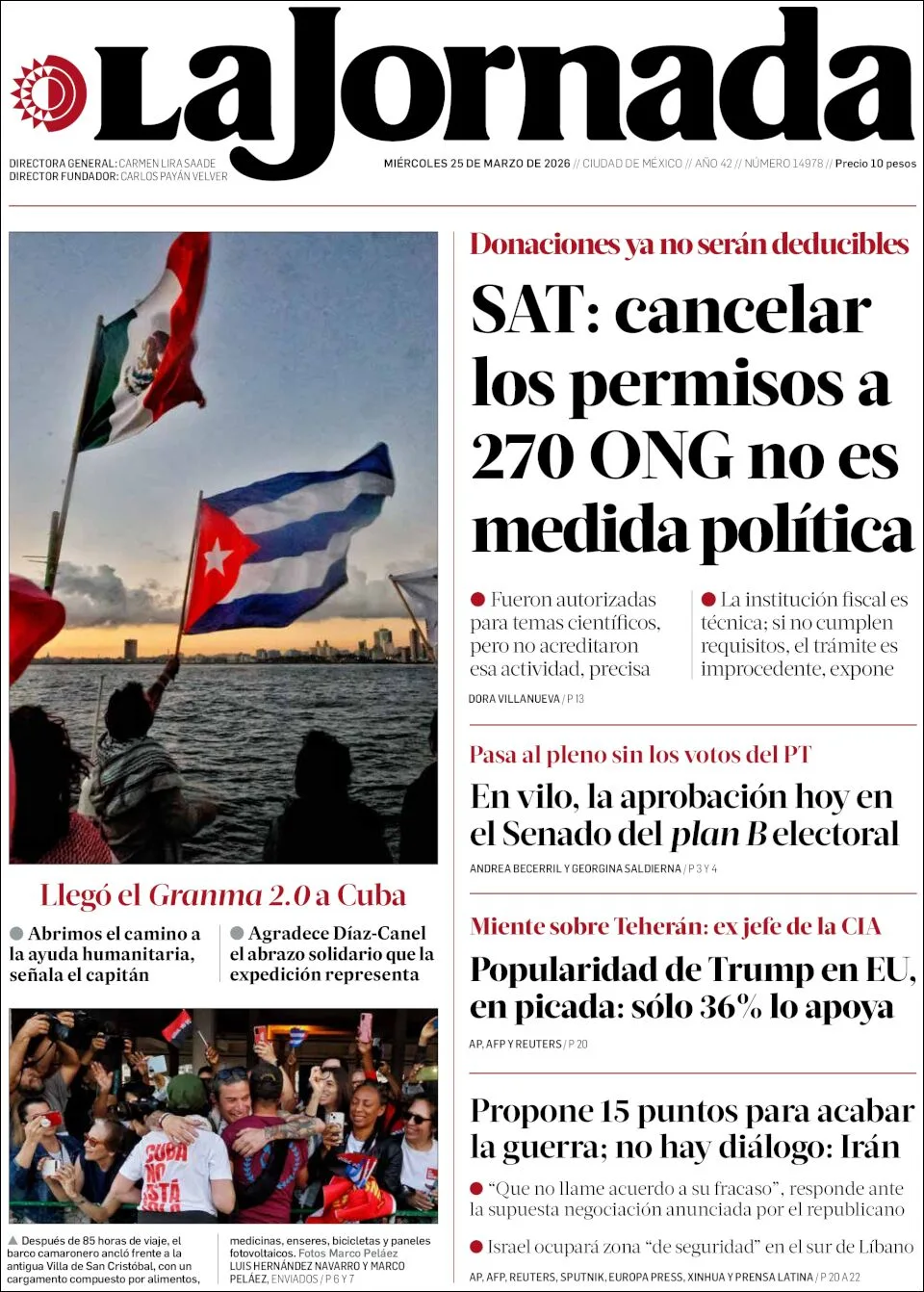 Portada de La Jornada del miércoles, 25 de marzo de 2026