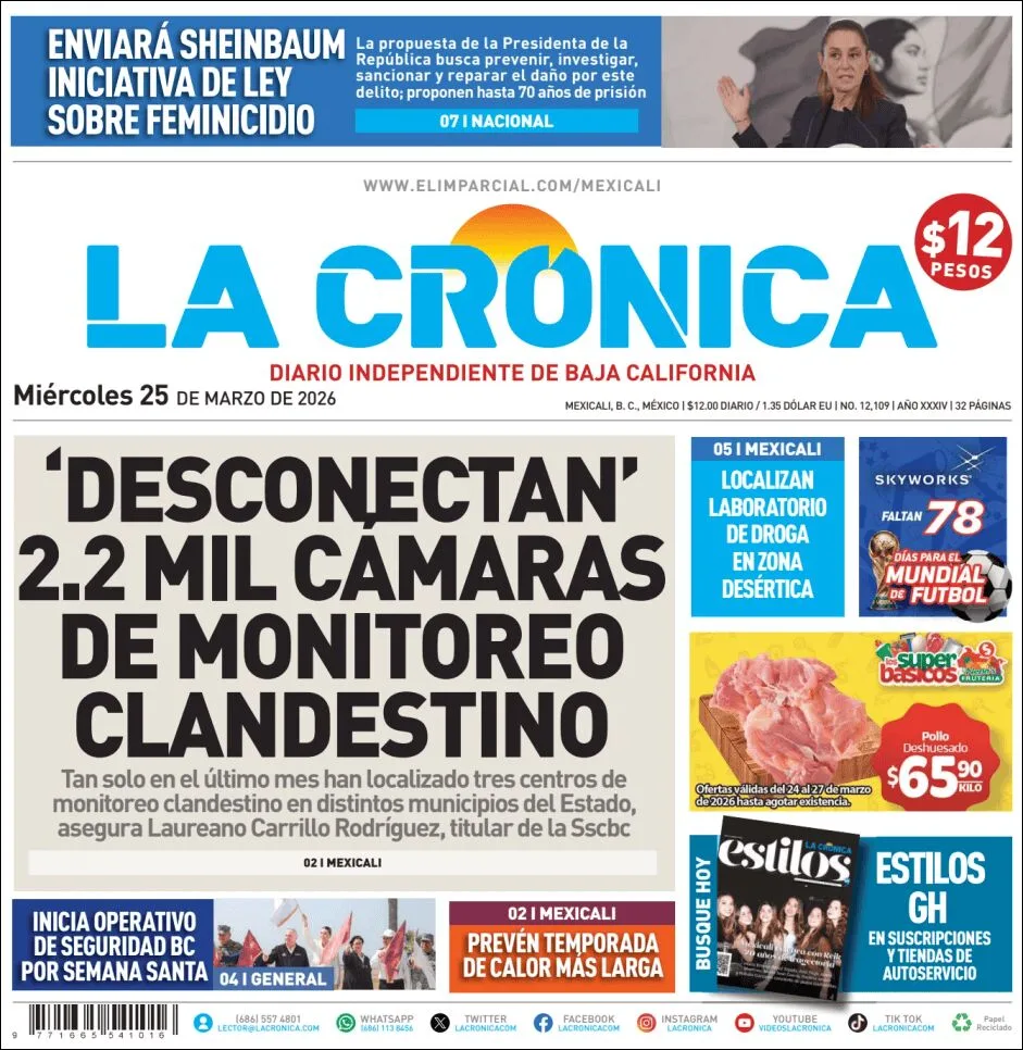 Portada de La Cronica del miércoles, 25 de marzo de 2026