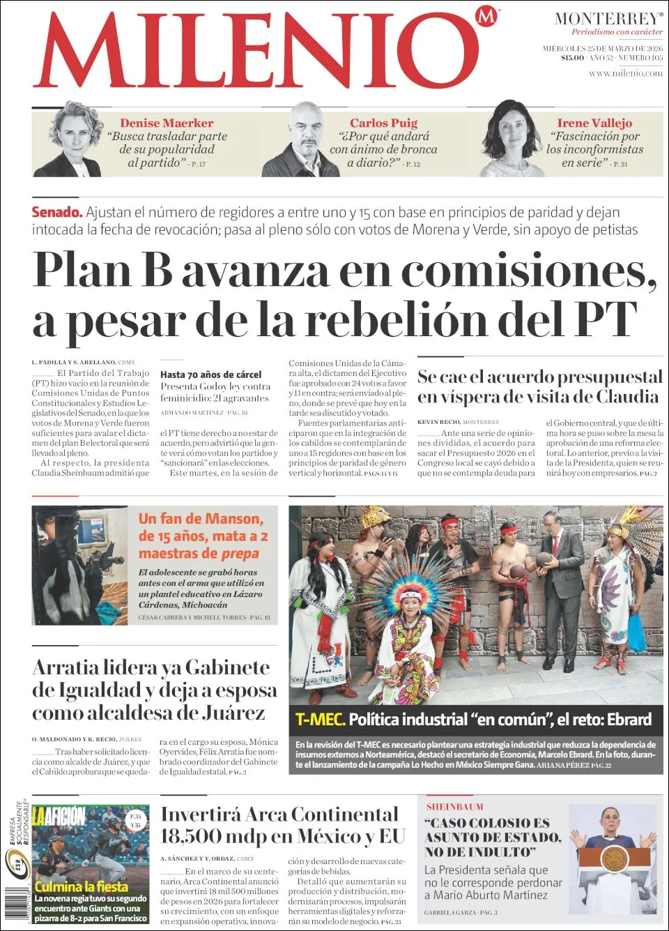 Portada de Milenio del miércoles, 25 de marzo de 2026