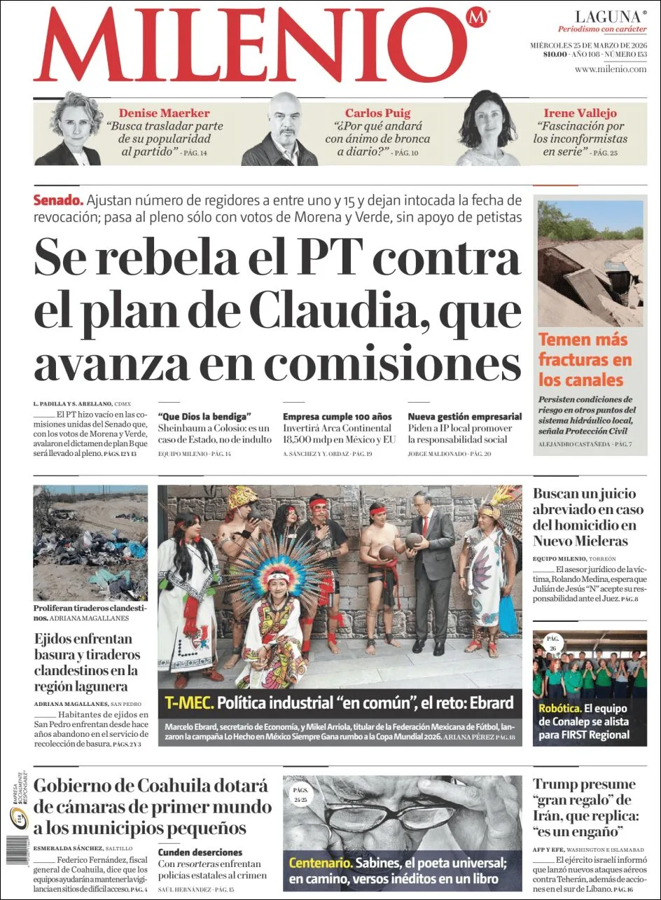 Portada de Milenio Laguna del miércoles, 25 de marzo de 2026