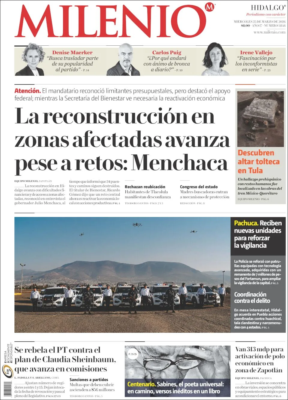 Portada de Milenio Hidalgo del miércoles, 25 de marzo de 2026
