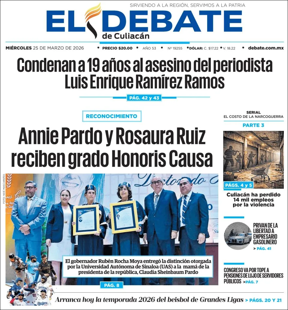 Portada de El Debate de Culiacan del miércoles, 25 de marzo de 2026