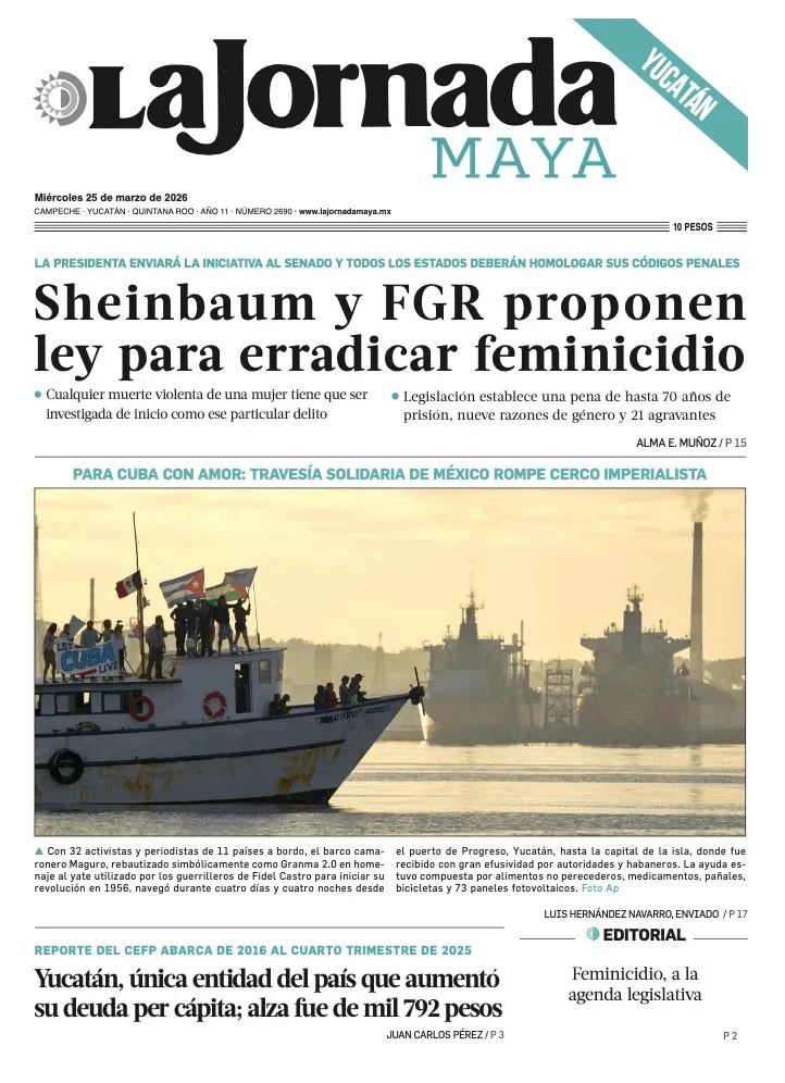 Portada de La Jornada Maya Yucatán del miércoles, 25 de marzo de 2026