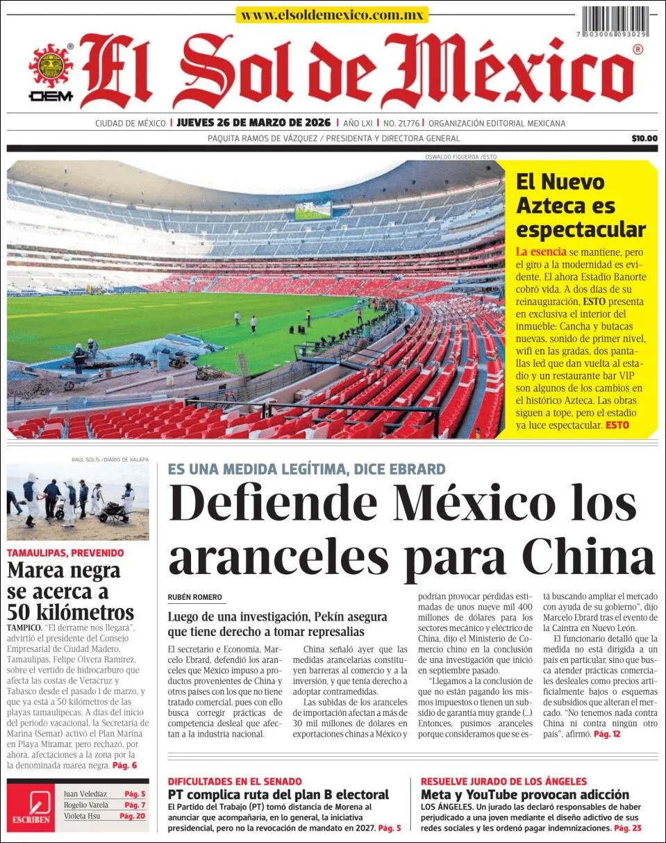 Portada de El Sol de Mexico del jueves, 26 de marzo de 2026