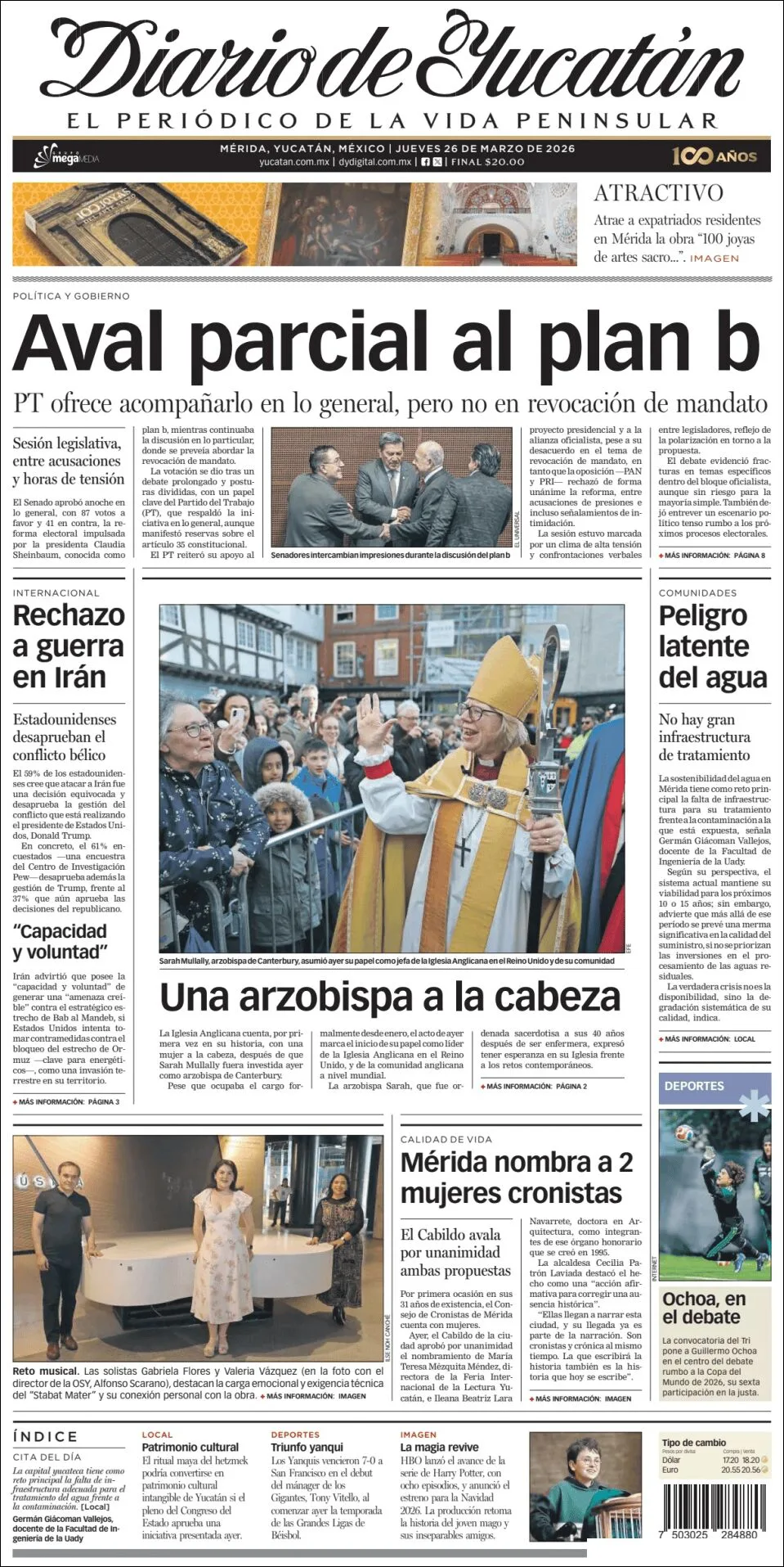Portada de Diario de Yucatán del jueves, 26 de marzo de 2026