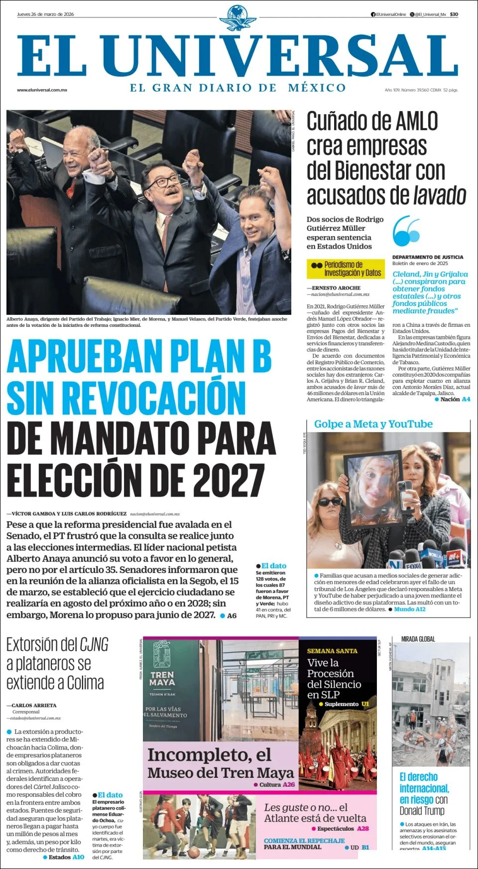Portada de El Universal del jueves, 26 de marzo de 2026